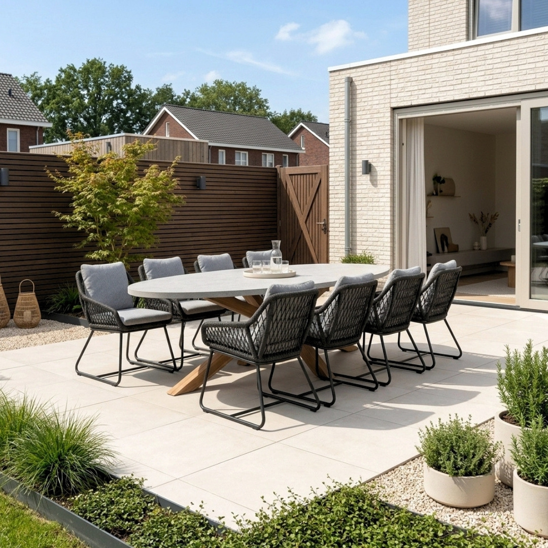 Livorno/Portofino Stone Grey dining tuinset | 8 personen | polystone + touw | 280cm