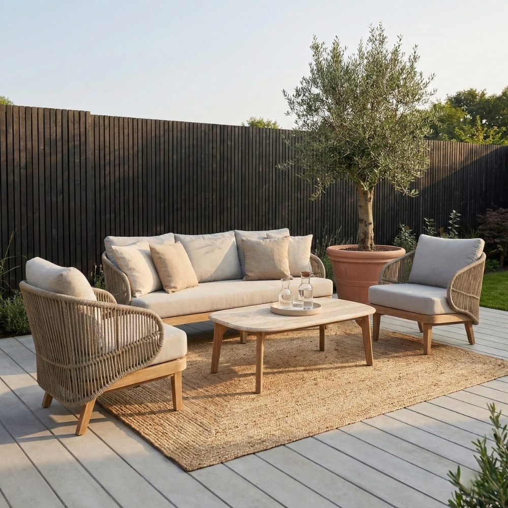 Matera stoel-bank loungeset 5 personen incl. tafel | eucalyptus + touw | zand/Light Teaklook | 4-delig