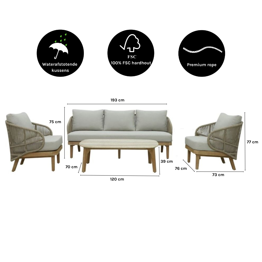 Matera stoel-bank loungeset 5 personen incl. tafel | eucalyptus + touw | zand/Light Teaklook | 4-delig