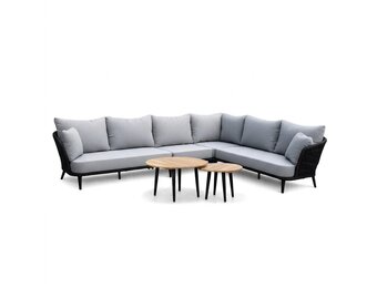 Palermo hoek loungeset 5 personen incl tussenelement & teak tafels | aluminium + touw | Stone Grey