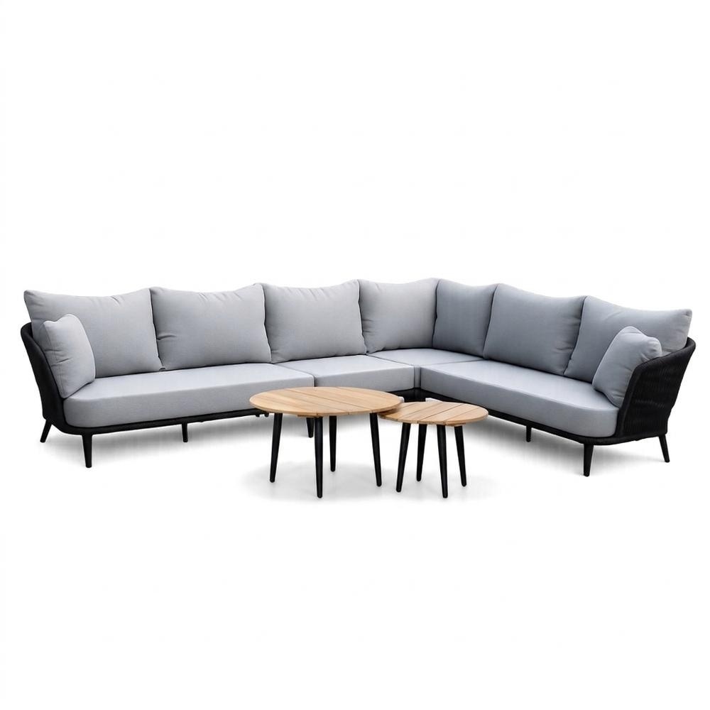 Palermo hoek loungeset 5 personen incl tussenelement & teak tafels | aluminium + touw | Stone Grey