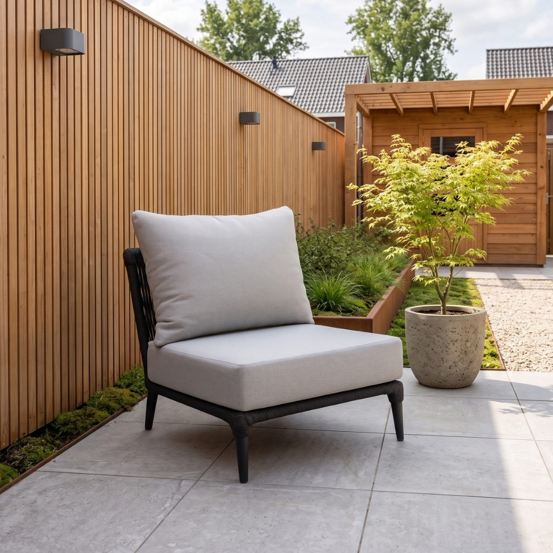 Palermo hoek loungeset 5 personen incl tussenelement & teak tafels | aluminium + touw | Stone Grey