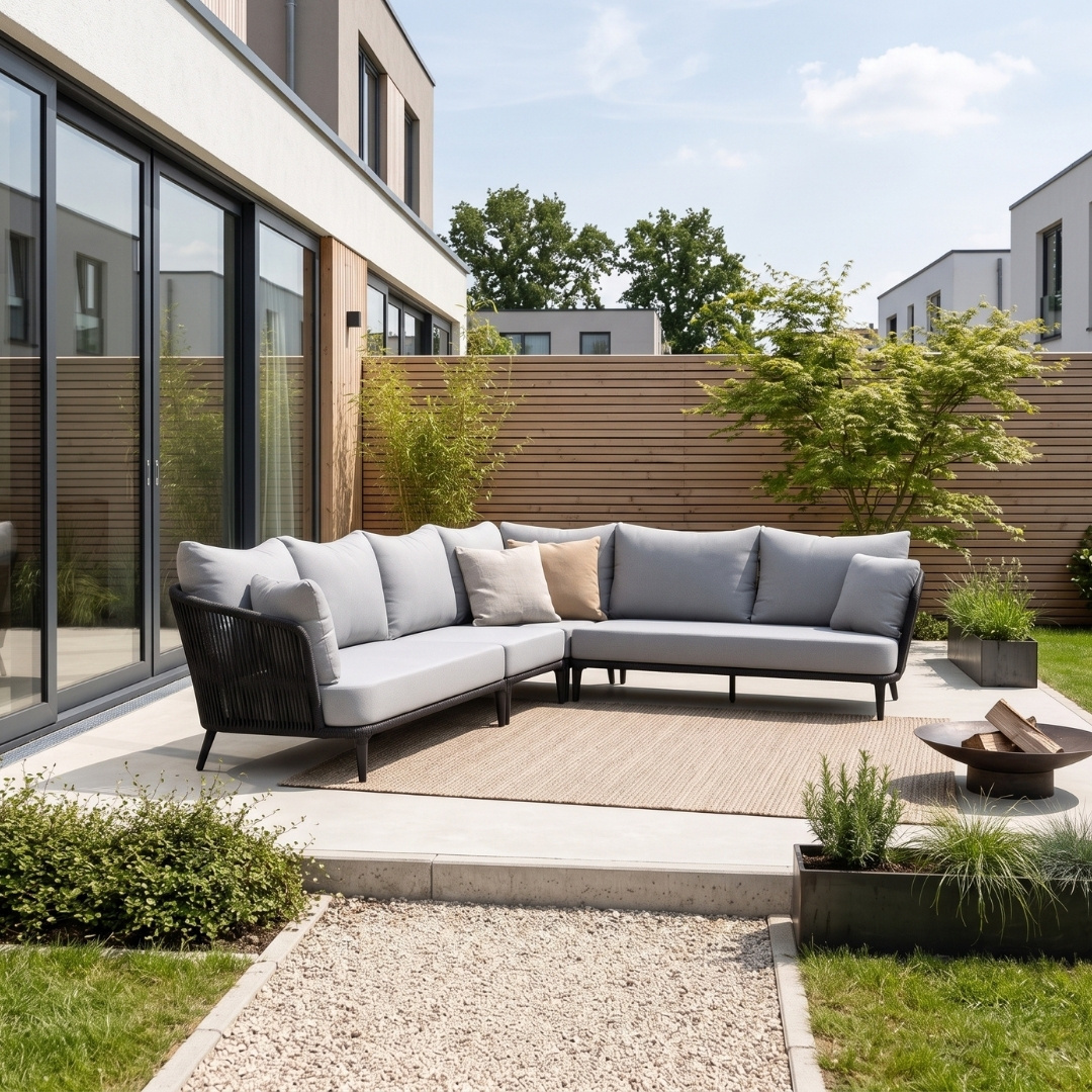 Palermo hoek loungeset 5 personen incl tussenelement & teak tafels | aluminium + touw | Stone Grey