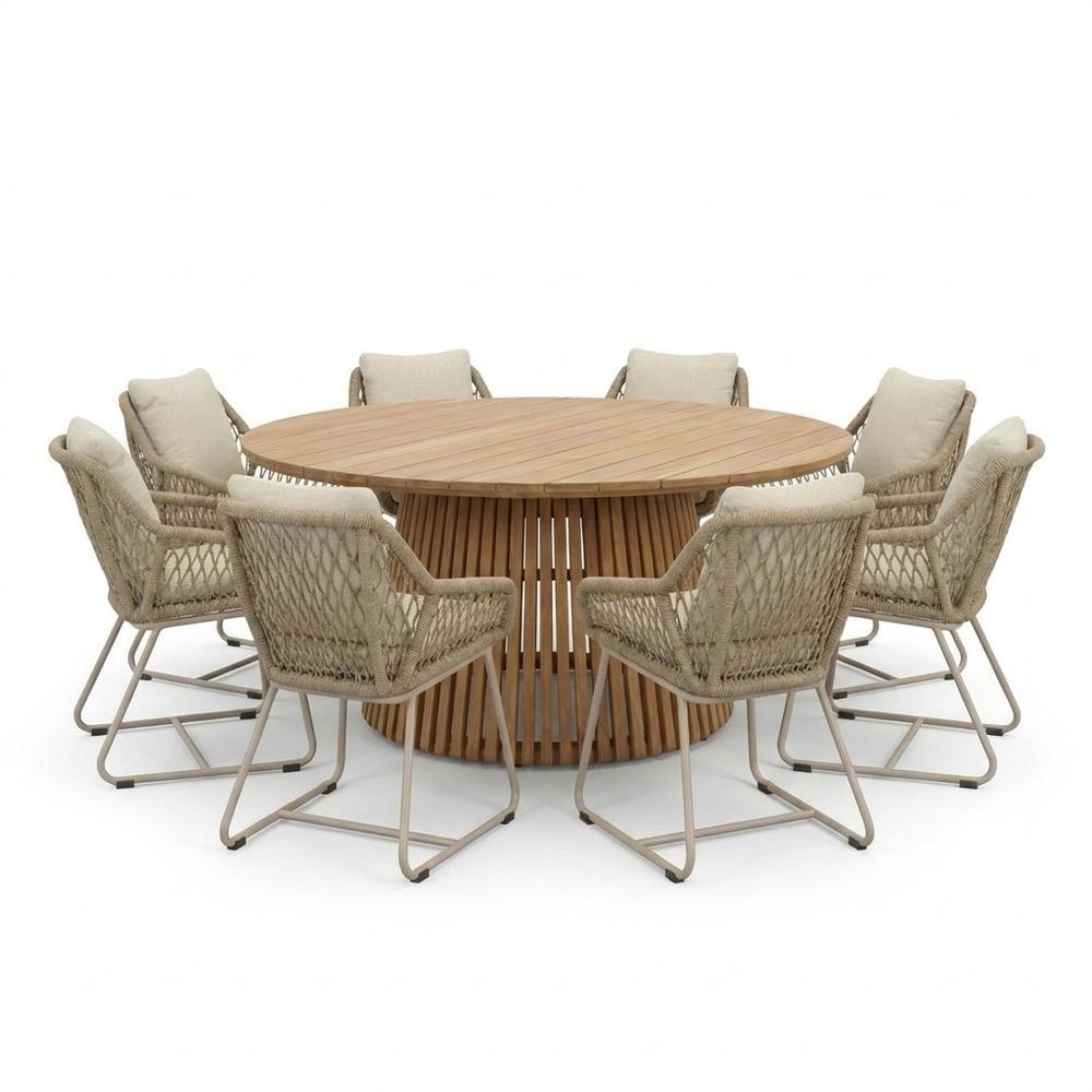 Palau/Portofino Sandstone dining tuinset | 8 personen | teakhout + touw | 180cm rond