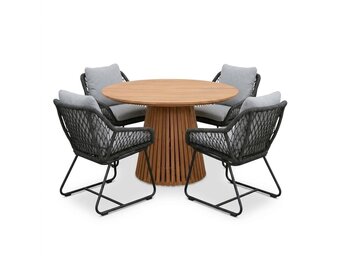 Palau/Portofino Stone Grey dining tuinset | 4 personen | teakhout + touw | Ø120cm rond