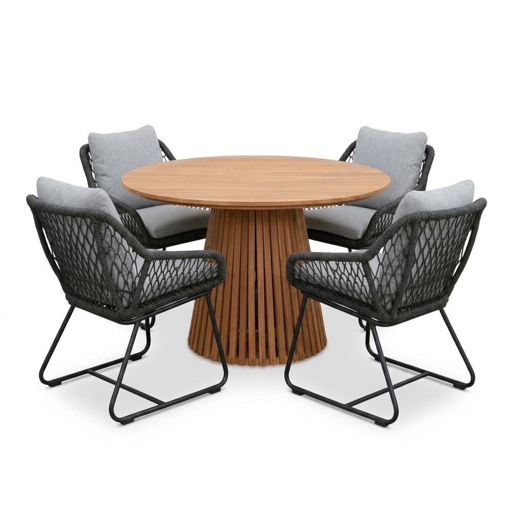 Palau/Portofino Stone Grey dining tuinset | 4 personen | teakhout + touw | Ø120cm rond