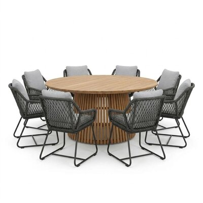 Palau/Portofino Stone Grey dining tuinset | 8 personen | teakhout + touw | 180cm rond