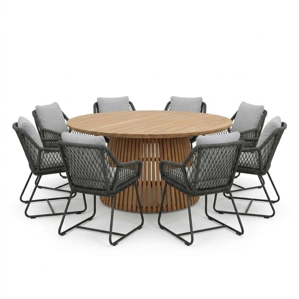 Palau/Portofino Stone Grey dining tuinset | 8 personen | teakhout + touw | 180cm rond
