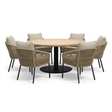 Ventura antraciet/Mara Sahara Dust low dining tuinset | 6 personen | teakhout + touw | 150cm rond