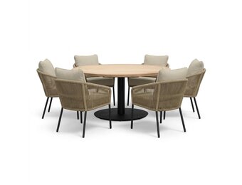 Ventura antraciet/Mara Sahara Dust low dining tuinset | 6 personen | teakhout + touw | 150cm rond
