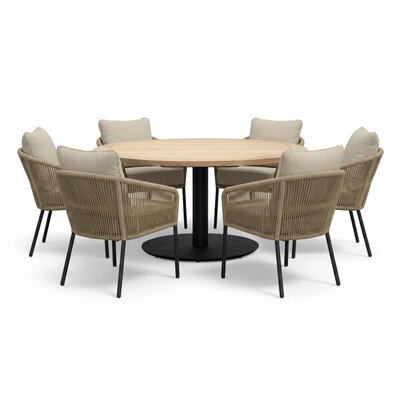 Ventura antraciet/Mara Sahara Dust low dining tuinset | 6 personen | teakhout + touw | 150cm rond