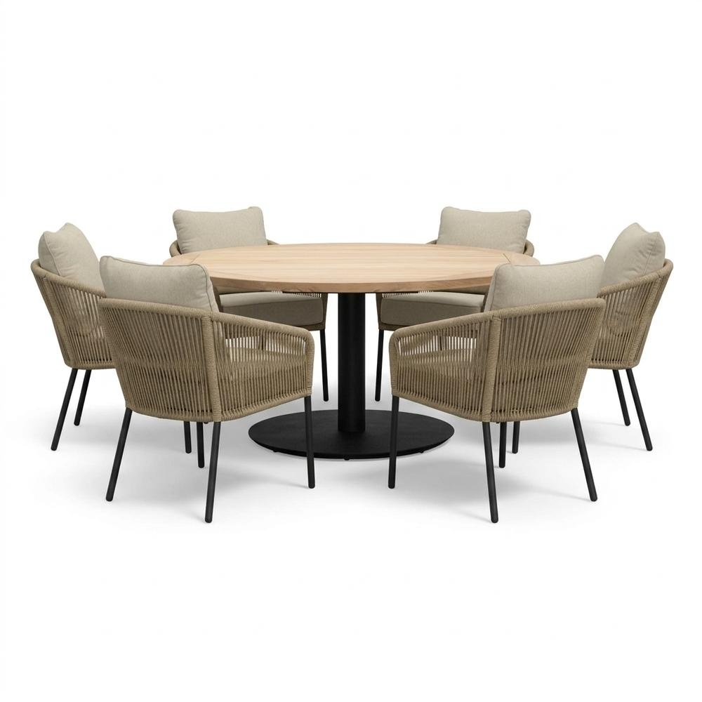 Ventura antraciet/Mara Sahara Dust low dining tuinset | 6 personen | teakhout + touw | 150cm rond
