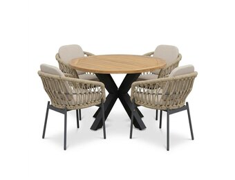 Cleve/Femke beige/antraciet dining tuinset | 4 personen | teakhout + touw | 120cm rond