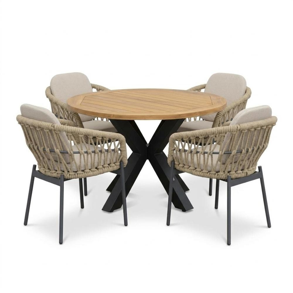 Cleve/Femke beige/antraciet dining tuinset | 4 personen | teakhout + touw | 120cm rond
