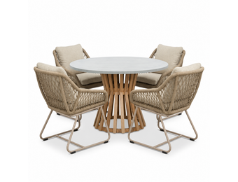 Elzas/Portofino Sandstone dining tuinset | 4 personen | polystone + touw | Ø135cm rond
