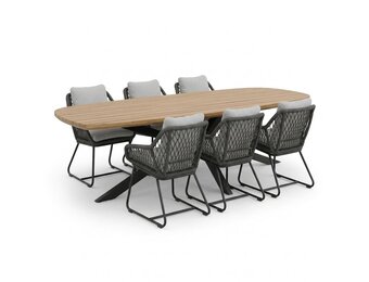 Salo/Portofino Stone Grey dining tuinset | 6 personen | hardhout + touw | 240cm Deens ovaal