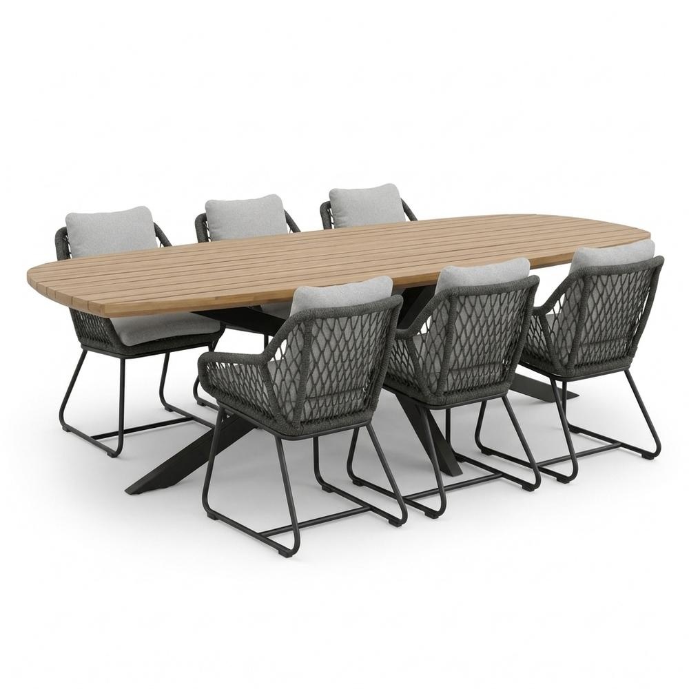Salo/Portofino Stone Grey dining tuinset | 6 personen | hardhout + touw | 240cm Deens ovaal