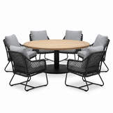 Ventura antraciet/Gianna Stone Grey low dining tuinset | 6 personen | teakhout + touw | 150cm rond