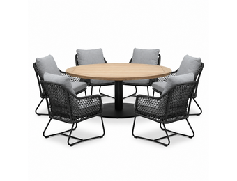 Ventura antraciet/Gianna Stone Grey low dining tuinset | 6 personen | teakhout + touw | 150cm rond