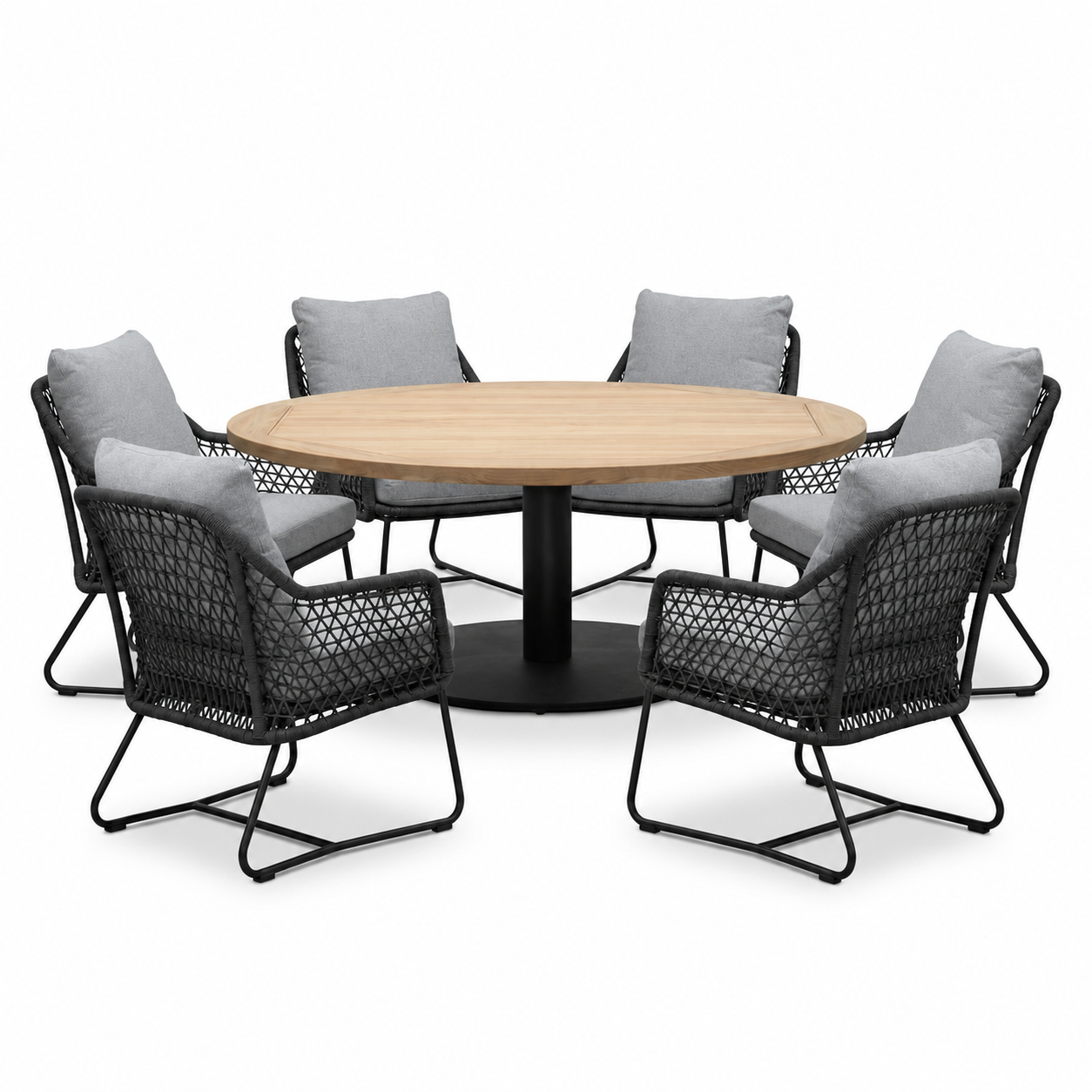 Ventura antraciet/Gianna Stone Grey low dining tuinset | 6 personen | teakhout + touw | 150cm rond