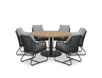 Salora antraciet/Gianna Stone Grey low dining tuinset | 6 personen | teakhout + touw | 150cm