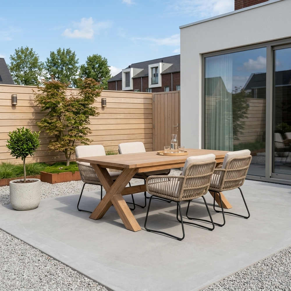 Riga/Harper Sahara Dust dining tuinset | 4 personen | teakhout + touw | 200cm