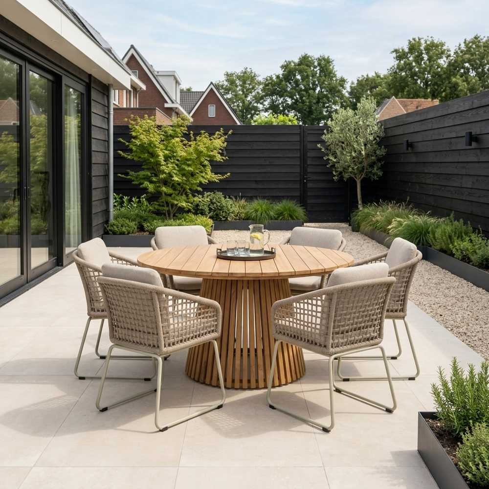Palau/Tulum Almond Beige dining tuinset | 6 personen | teakhout + touw | Ø140cm