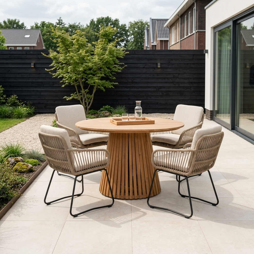 Palau/Harper Sahara Dust dining tuinset | 4 personen | teakhout + touw | Ø120cm