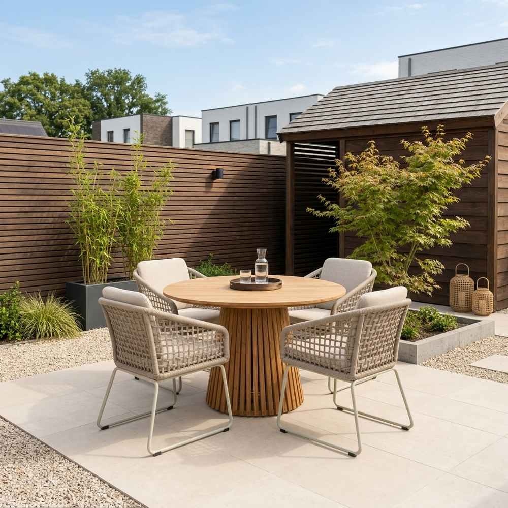 Palau/Tulum Almond Beige dining tuinset | 4 personen | teakhout + touw | Ø120cm