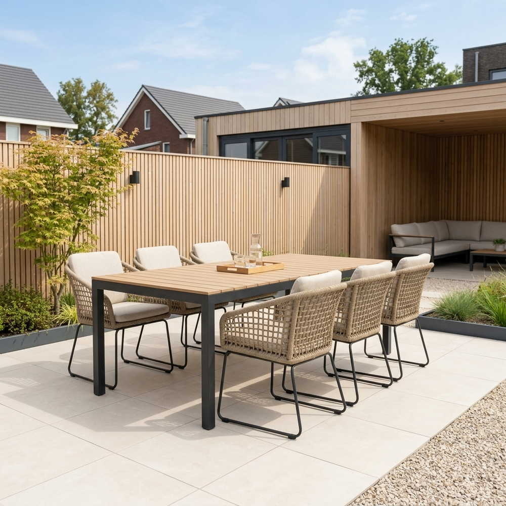Oxford/Tulum Sahara Dust dining tuinset | 6 personen | aluminium + touw | 200cm