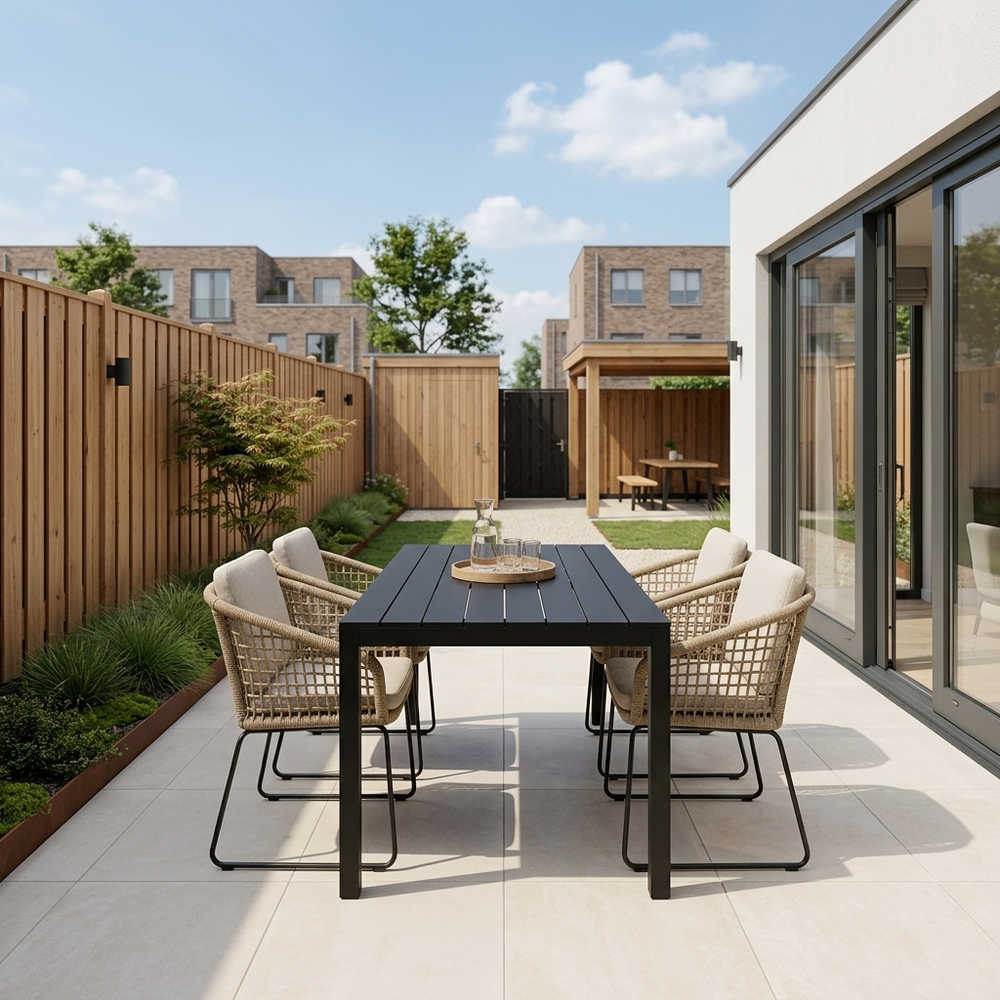 Manchester zwart/Tulum Sahara Dust dining tuinset | 4 personen | polywood + touw | 205cm