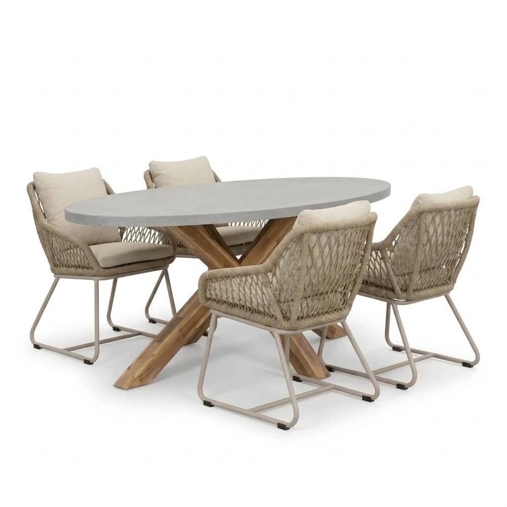Livorno/Portofino Sandstone dining tuinset | 4 personen | polystone + touw | 200cm