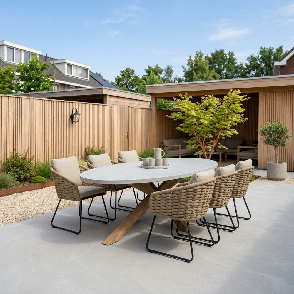Livorno/Flora Sahara Dust dining tuinset | 6 personen | polystone + touw | 240cm