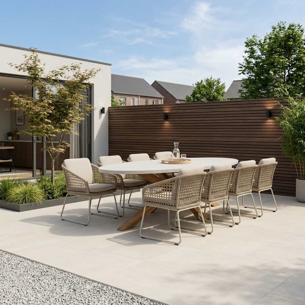 Livorno/Tulum Almond Beige dining tuinset | 8 personen | polystone + touw | 280cm