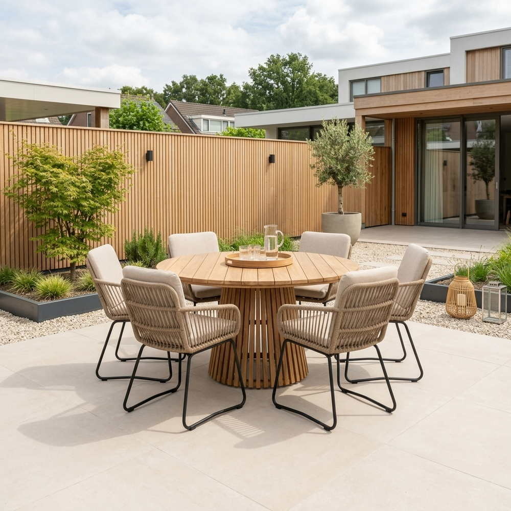 Palau/Harper Sahara Dust dining tuinset | 6 personen | teakhout + touw | Ø140cm