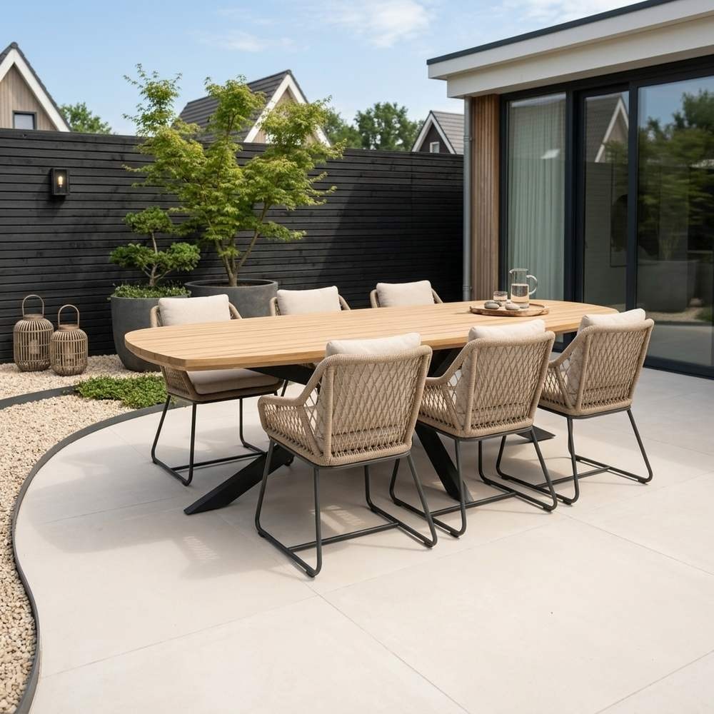 Salo/Portofino Sahara Dust dining tuinset | 6 personen | hardhout + touw | 240cm Deens