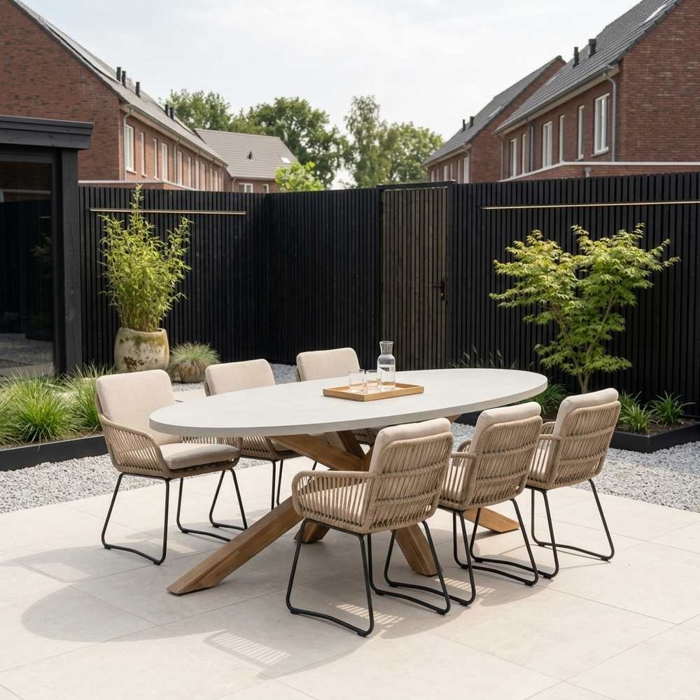 Livorno/Harper Sahara Dust dining tuinset | 6 personen | polystone + touw | 240cm