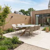 Livorno/Tulum Almond Beige dining tuinset | 6 personen | polystone + touw | 240cm