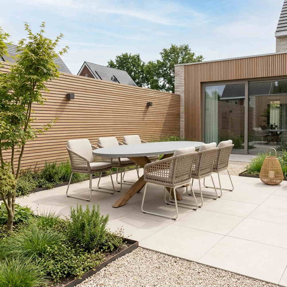 Livorno/Tulum Almond Beige dining tuinset | 6 personen | polystone + touw | 240cm