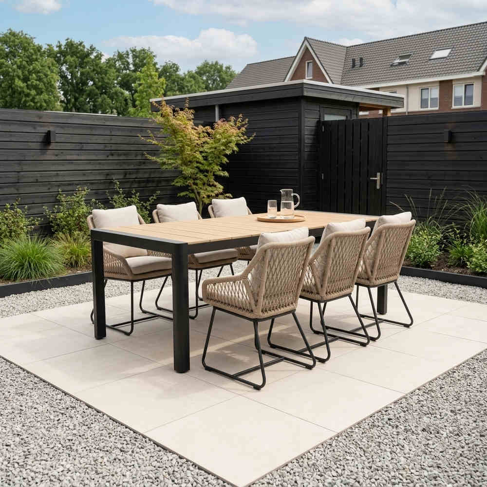 Liverpool/Portofino Sahara Dust dining tuinset | 6 personen | polywood + touw | 205cm