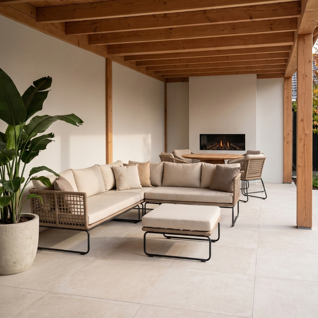 Tulum hoek loungeset 5 personen | rvs + touw | Sahara Dust | 4-delig - 211x211cm