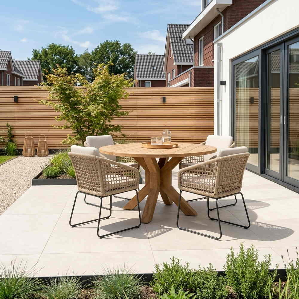 Genua/Tulum Sahara Dust dining tuinset | 5 personen | teakhout + touw | 140cm