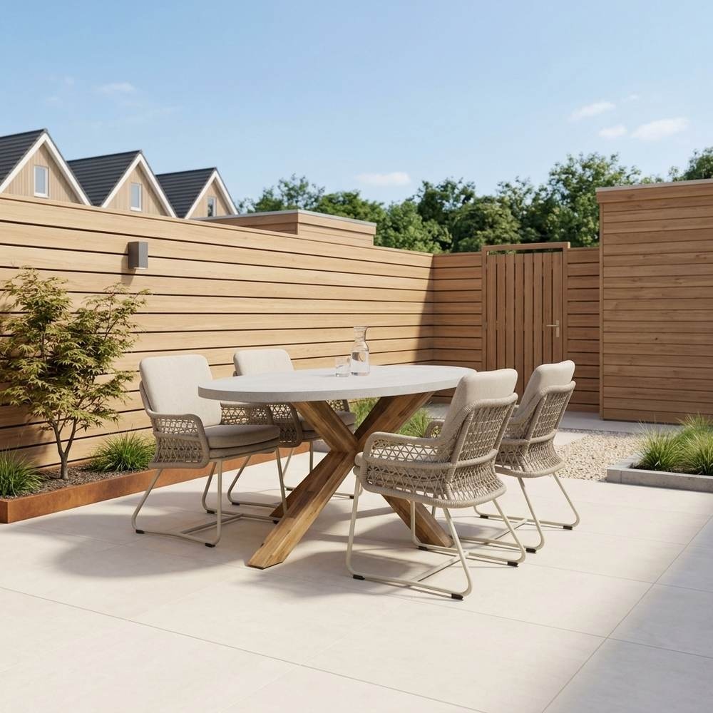 Livorno/Gianna Almond Beige dining tuinset | 4 personen | polystone + touw | 200cm