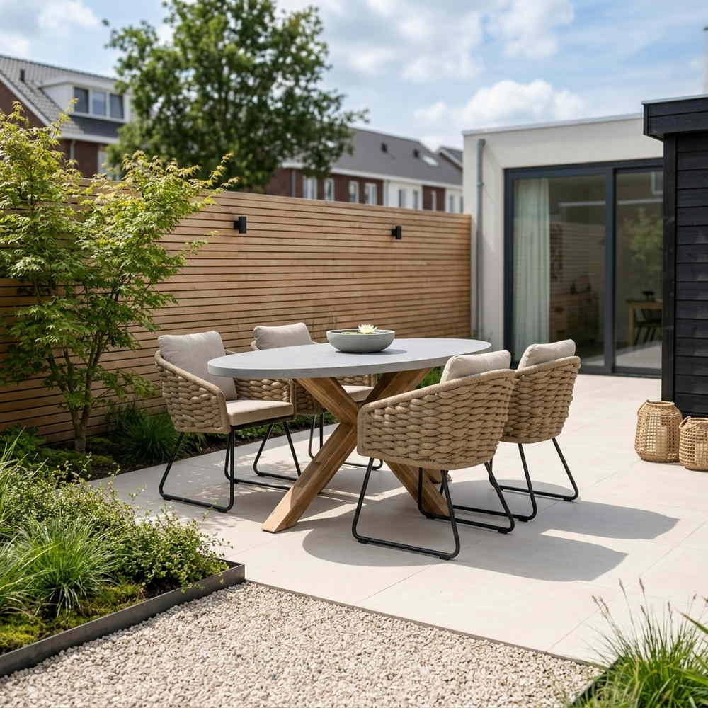 Livorno/Flora Sahara Dust dining tuinset | 4 personen | polystone + touw | 200cm