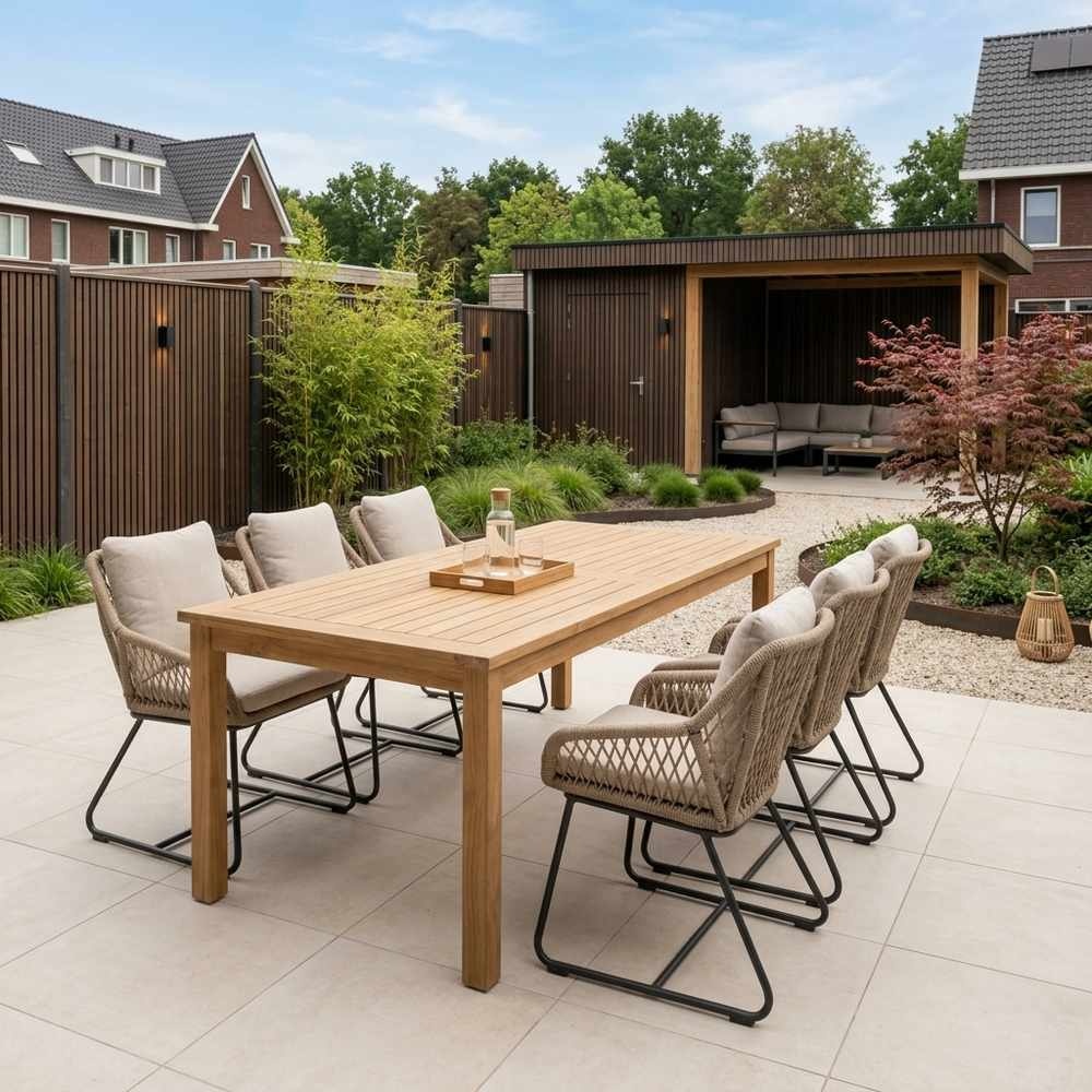 Singapore/Portofino Sahara Dust dining tuinset | 6 personen | teakhout + touw | 200cm