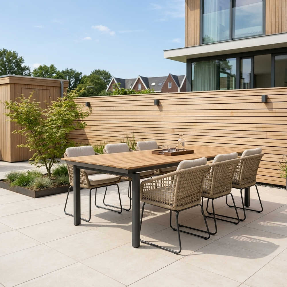 Montana/Tulum Sahara Dust dining tuinset | 6 personen | aluminium + touw | 240x100cm