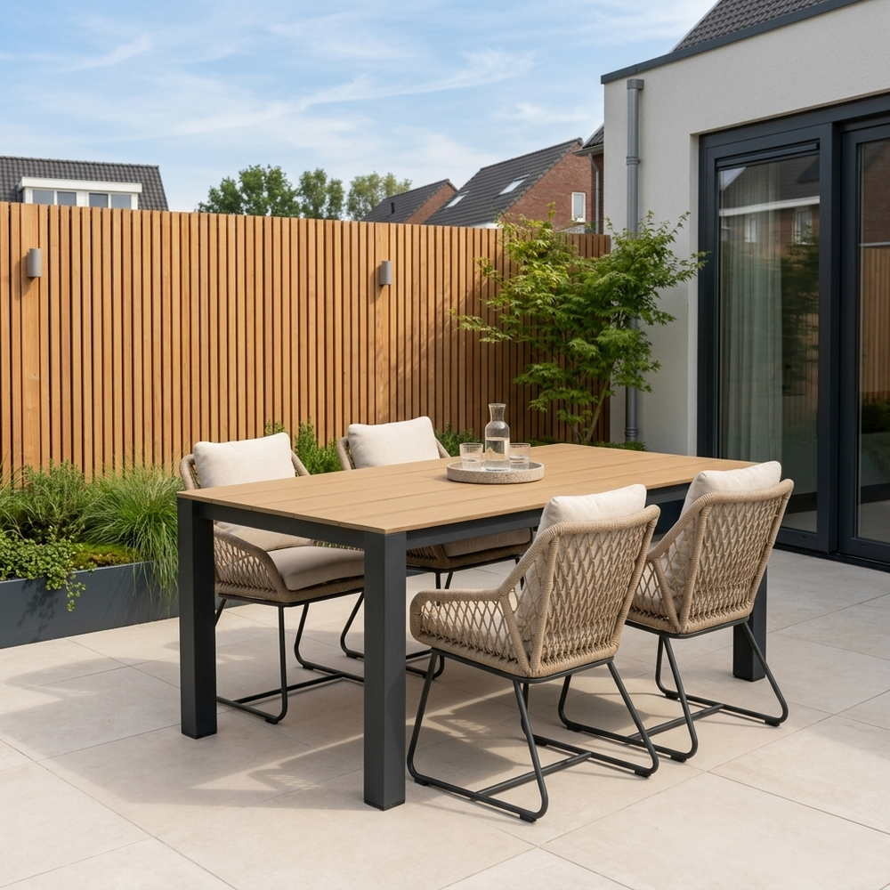 Manhattan antraciet/Portofino Sahara Dust dining tuinset | 4 personen | polywood + touw | 180cm