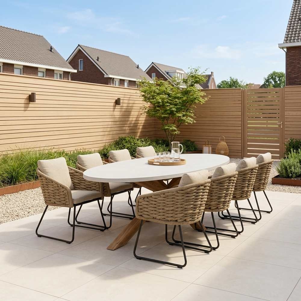 Livorno/Flora Sahara Dust dining tuinset | 8 personen | polystone + touw | 280cm