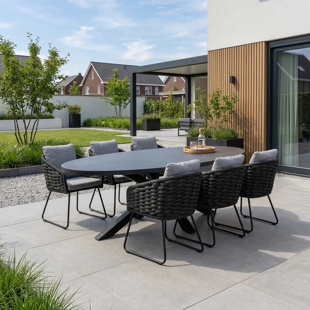 Stockholm/Flora Stone Grey dining tuinset | 6 personen | polystone + touw | 240cm