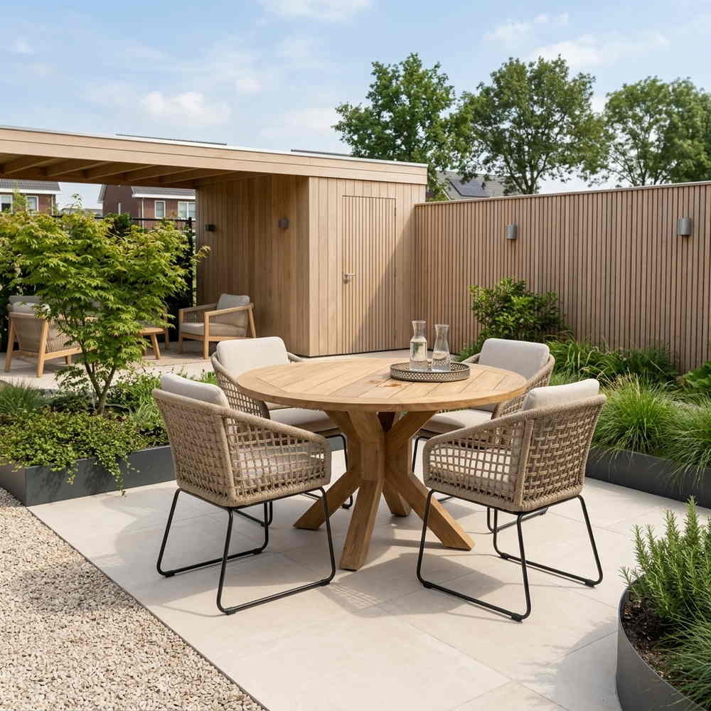 Genua/Tulum Sahara Dust dining tuinset | 4 personen | teakhout + touw | 120cm